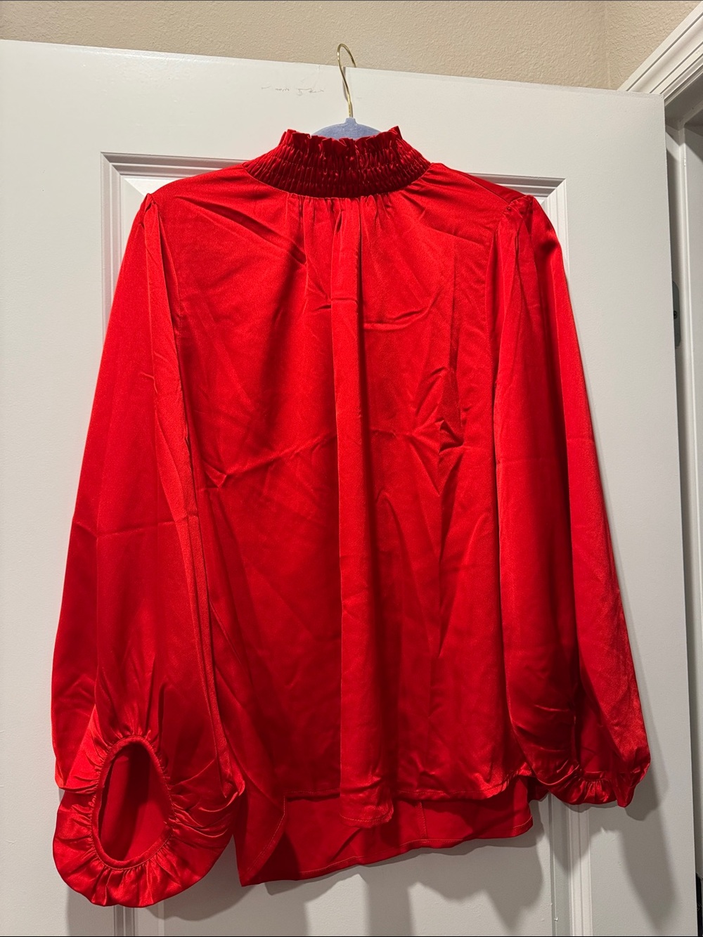 mittoshop Red Mock-Neck Balloon Sleeve Blouse